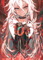 Rule 34 | 1girl, abstract background, anniversary, black choker, black shirt, braid, chain, choker, closed mouth, collarbone, colorful, commentary, crossed arms, cuffs, hair between eyes, hair flaps, highres, ia (vocaloid), long hair, looking at viewer, messy hair, pink skirt, pleated skirt, sakinoji, shackles, shirt, signature, skirt, sleeveless, sleeveless shirt, smile, twin braids, very long hair, vocaloid, white hair