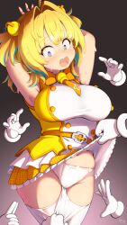 Rule 34 | 1girl, arms up, assisted exposure, blonde hair, blue eyes, blue hair, bombergirl, breasts, clothes lift, clothes pull, clover-shaped pupils, deto, gradient background, grenade hair ornament, highres, large breasts, lifting another&#039;s clothes, multicolored hair, open mouth, panties, pantyhose, pantyhose pull, pine (bombergirl), skirt, skirt lift, sweat, symbol-shaped pupils, two-tone hair, underwear, yellow pupils