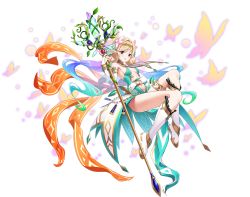 Rule 34 | 1girl, blonde hair, boots, breasts, bridal gauntlets, floating, flower, frilled legwear, full body, gradient hair, hair flower, hair intakes, hair ornament, hand up, headpiece, holding, holding staff, knee boots, long hair, multicolored hair, navel, official art, open mouth, pointy ears, red eyes, revealing clothes, sennen sensou aigis, small breasts, solo, staff, tamakaga, thighlet, transparent background, tytto (sennen sensou aigis)