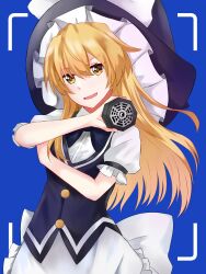 Rule 34 | 1girl, absurdres, apron, blonde hair, blue background, bow, commentary request, hair between eyes, hand on own arm, hat, hat bow, highres, kirisame marisa, long hair, looking at viewer, mini-hakkero, open mouth, puffy short sleeves, puffy sleeves, rukialice, short sleeves, solo, touhou, upper body, vest, witch, yellow eyes