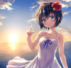 Rule 34 | 1girl, bad id, bad pixiv id, bare arms, bare shoulders, black hair, blue eyes, blue ribbon, blue sky, blush, breasts, character request, closed mouth, cloud, collarbone, commentary request, covered navel, day, dress, flower, hair between eyes, hair flower, hair ornament, hand up, head tilt, hibiscus, horizon, index finger raised, looking at viewer, mahou tsukai to kuroneko no wiz, nekoinori, ocean, outdoors, red flower, ribbon, short hair, sky, sleeveless, sleeveless dress, small breasts, smile, solo, spaghetti strap, standing, sun, sundress, sunlight, sunrise, white dress, wind