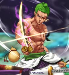 Rule 34 | 1boy, abs, absurdres, artist name, blurry, blurry background, green hair, highres, holding, holding sword, holding weapon, male focus, navel, nipples, one eye closed, one piece, roronoa zoro, scar, scar across eye, scar on chest, scar on face, short hair, solo, spunkyramaz, sword, topless male, weapon
