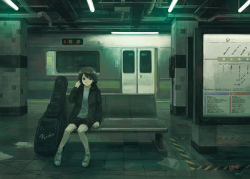 Rule 34 | 1girl, bench, black hair, commentary, green theme, guitar case, indoors, industrial pipe, instrument case, kensight328, neon lights, original, scenery, short hair, short shorts, shorts, sitting, solo, subway, subway station, train station