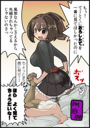 Rule 34 | 1boy, 1girl, black shirt, black skirt, breasts, brown hair, clothed sex, frilled skirt, frills, girl on top, hair ribbon, highres, holding hands, ise (kancolle), ise kai ni (kancolle), kantai collection, large breasts, miniskirt, pleated skirt, ponytail, red ribbon, ribbon, shirt, short hair, sitting, sitting on face, sitting on person, skirt, solo focus, speech bubble, translation request, tsun&#039;ichi (tsun1)