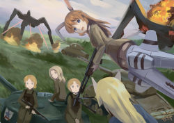 Rule 34 | 10s, 2013, 5girls, animal ears, ar18 (upotte!!), artist name, battle, battlefield, blonde hair, blue eyes, brown hair, browning automatic rifle, bulletproof vest, charlotte e. yeager, crossover, dated, day, emblem, fire, firing, girls und panzer, grey eyes, gun, highres, kanokoga, kay (girls und panzer), laser, long hair, looking at another, looking back, m16a4 (upotte!!), m26 pershing, m4 sherman, machine gun, marian e. carl, military, military uniform, military vehicle, motor vehicle, multiple girls, neuroi, rabbit girl, short hair, smile, smoke, strike witches, striker unit, tank, uniform, upotte!!, war, weapon, world witches series