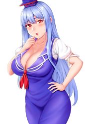 Rule 34 | 1girl, blue dress, blue hair, blush, breasts, cleavage, commentary request, cowboy shot, dress, eyelashes, hair between eyes, hand on own hip, hand to own mouth, hat, hip focus, kamishirasawa keine, large breasts, long hair, looking at viewer, mimasi osuwari, open mouth, puffy short sleeves, puffy sleeves, red eyes, ribbon, short sleeves, sideways glance, simple background, solo, touhou, white background