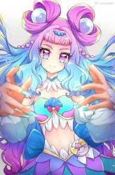 Rule 34 | 1girl, blue eyes, blue hair, blue nails, closed mouth, commentary request, cure la mer, double bun, fingernails, gradient background, gradient hair, grey background, hair bun, highres, laura (precure), long hair, looking at viewer, magical girl, midriff, multicolored hair, nail polish, navel, pink eyes, pink hair, precure, smile, solo, tropical-rouge! precure, twintails, uta (yagashiro25)