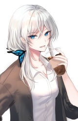 Rule 34 | 1girl, 723/nanahumi, bad id, bad pixiv id, bendy straw, black jacket, blue eyes, breasts, butterfly hair ornament, cleavage, collarbone, collared shirt, cup, disposable cup, dress shirt, drinking straw, hair between eyes, hair ornament, hand up, highres, holding, holding cup, jacket, long hair, looking at viewer, open clothes, open jacket, original, parted lips, shirt, short sleeves, silver hair, simple background, small breasts, smile, solo, white background, white shirt