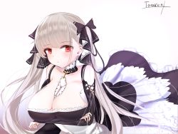 Rule 34 | 1girl, azur lane, bare shoulders, between breasts, black dress, blush, breasts, cleavage, closed mouth, collarbone, dress, formidable (azur lane), frilled dress, frills, grey hair, hair ribbon, large breasts, long hair, looking at viewer, red eyes, ribbon, simple background, solo, tarakon, white background