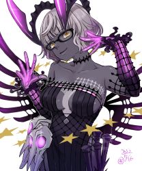 Rule 34 | 1girl, bare shoulders, black dress, breasts, choker, cleavage, collarbone, colored skin, detached sleeves, dress, fate/grand order, fate (series), glasses, grey hair, grey skin, highres, horns, jacques de molay (foreigner) (fate), jacques de molay (foreigner) (third ascension) (fate), large breasts, looking at viewer, parted lips, short dress, short hair, skull, smile, solo, tekuteku aruko, yellow eyes