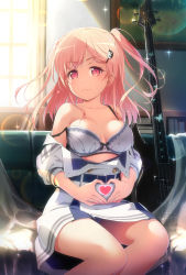 Rule 34 | 1girl, akata itsuki, bang dream!, bare shoulders, bass guitar, belt, belt buckle, blue belt, blurry, book, bow, bow bra, bra, breasts, buckle, buttons, closed mouth, clothes pull, collarbone, commentary request, couch, curtains, day, double-breasted, dress, dress pull, feet out of frame, glint, hair ornament, hairclip, heart, heart hands, highres, hiromachi nanami, indoors, instrument, lens flare, long hair, looking at viewer, medium breasts, on couch, panties, pantyshot, partially unbuttoned, picture frame, pink eyes, pink hair, puffy short sleeves, puffy sleeves, school uniform, shelf, short sleeves, sitting, smile, solo, sparkle, strap slip, sunlight, tsukinomori school uniform, two side up, underwear, white bra, white dress, white panties, window