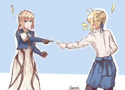 Rule 34 | 10s, 2girls, absurdres, ahoge, artoria pendragon (all), artoria pendragon (fate), blonde hair, blouse, blue eyes, blue shirt, braid, braided bun, brown gloves, cropped jacket, crossover, fate (series), gloves, hair bun, highres, long sleeves, look-alike, marvel, meme, multiple girls, pantyhose, pointing, pointing at another, pointing spider-man (meme), saber (fate), shirt, single hair bun, spider-man (series), tagme, violet evergarden, violet evergarden (series), white shirt