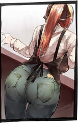 Rule 34 | 1girl, absurdres, alternate costume, apron, ass, breasts, brown hair, cowboy shot, denim, from behind, girls&#039; frontline, hair ribbon, hand up, highres, jeans, kyoyakyo, large breasts, long hair, long sleeves, pants, pantylines, ponytail, ribbon, shirt, sidelocks, solo, springfield (girls&#039; frontline), white shirt