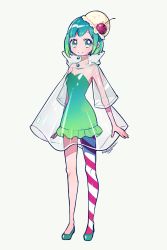 Rule 34 | 1girl, asymmetrical legwear, bad id, bad tumblr id, cherry, commentary request, diagonal stripes, dress, food, food as clothes, fruit, full body, gradient dress, gradient hair, green dress, green eyes, green footwear, green hair, highres, ice cream, kisaragi yuu (fallen sky), looking at viewer, multicolored hair, original, pantyhose, see-through, shoes, short dress, short hair, signature, simple background, single scoop, sleeveless, sleeveless dress, solo, standing, strapless, strapless dress, striped clothes, striped legwear, striped pantyhose, uneven legwear, white background