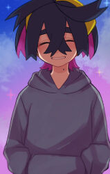 Rule 34 | 1boy, black hair, blush, closed eyes, colored inner hair, commentary request, creatures (company), crossed bangs, facing viewer, game freak, gradient background, grey hoodie, hands in pockets, happy, hayashi (pixiv), headband, highres, hood, hood down, hoodie, kieran (pokemon), long sleeves, male focus, mole, mole on neck, multicolored hair, night, night sky, nintendo, pokemon, pokemon sv, purple hair, short hair, sky, smile, sparkle, two-tone hair, upper body, yellow headband