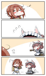 Rule 34 | +++, 2girls, 4koma, :d, :t, animal ears, apron, azur lane, bag, black dress, black shirt, blush, blush stickers, brown eyes, brown hair, chibi, closed mouth, comic, commentary request, crossover, double bun, dress, eating, eighth note, flying sweatdrops, food, food on face, hair between eyes, hair bun, hairband, highres, historical name connection, holding, holding bag, holding tray, kantai collection, maid, maid headdress, multiple girls, musical note, name connection, open mouth, paper bag, puffy short sleeves, puffy sleeves, red hairband, shiratsuyu (azur lane), shiratsuyu (is the order a torpedo?) (azur lane), shiratsuyu (kancolle), shirt, short sleeves, side bun, silent comic, single side bun, smile, tail, tail raised, teardrop, tray, v arms, white apron, wolf ears, wolf girl, wolf tail, wrist cuffs, yagami kamiya