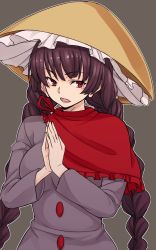 Rule 34 | 1girl, ajirogasa, black hair, braid, breasts, capelet, commentary request, dress, earlobes, frills, grey background, grey dress, hat, highres, kakone, large breasts, long earlobes, long hair, long sleeves, looking at viewer, low twintails, open mouth, outline, own hands together, palms together, red capelet, red eyes, simple background, solo, touhou, twin braids, twintails, upper body, white outline, yatadera narumi