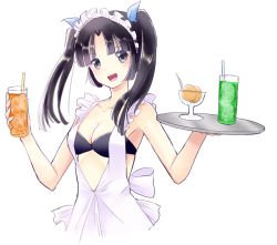 Rule 34 | 1girl, :d, alternate hairstyle, apron, bare arms, bikini, bikini top only, black eyes, black hair, blue ribbon, blush, breasts, cleavage, collarbone, cup, drink, drinking glass, drinking straw, food, frilled apron, frills, hair ribbon, holding, holding cup, holding drinking glass, holding tray, ice, ice cream, ice cream cup, ice cube, juice, kyou (karankoron), kyoukai no rinne, long hair, looking at viewer, maid headdress, medium breasts, open mouth, orange juice, parted bangs, ribbon, shima renge, simple background, smile, solo, spoon, swimsuit, tray, twintails, upper body, waitress, white apron