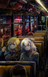 Rule 34 | 2girls, absurdres, blonde hair, blue eyes, blue hair, brown hair, bus interior, closed eyes, closed mouth, english text, gawr gura, hair ornament, highres, hololive, hololive english, multicolored hair, multiple girls, necktie, red hair, reflection, scarf, seat, shark hair ornament, sitting, streaked hair, virtual youtuber, vyragami, watson amelia, white hair