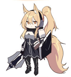 Rule 34 | 1girl, animal ear fluff, animal ears, arknights, armor, black dress, black footwear, black gloves, boots, breastplate, brown eyes, chibi, closed mouth, dress, echj, full body, gloves, hair between eyes, headphones, headset, high heel boots, high heels, holding, holding weapon, horse girl, knee boots, large tail, light brown hair, long hair, looking at viewer, nearl (arknights), pauldrons, ponytail, shield, shoulder armor, sidelocks, simple background, solo, tail, weapon, white armor, white background