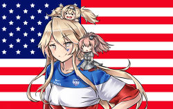 Rule 34 | 3girls, alternate costume, american flag, blonde hair, blue eyes, character name, chibi, facepaint, flag background, gambier bay (kancolle), iowa (kancolle), kantai collection, kuroinu9, mini person, minigirl, multicolored shirt, multiple girls, nike (company), on head, person on head, saratoga (kancolle), shirt, soccer, soccer uniform, sportswear, star-shaped pupils, star (symbol), striped clothes, striped shirt, symbol-shaped pupils, united states, world cup
