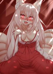 Rule 34 | 1girl, :3, animal ears, animal nose, blush, breasts, cleavage, come hither, fang, fox ears, fox girl, fox tail, furry, furry female, glowing, glowing eyes, highres, horokusa (korai), japanese clothes, large breasts, long hair, looking at viewer, miko, open mouth, original, pink eyes, pink hair, smile, solo, tail, undressing, white fur