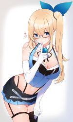 Rule 34 | 1girl, arm up, asymmetrical legwear, bare shoulders, black thighhighs, blonde hair, blouse, blue bow, blue eyes, blue flower, blue shirt, blunt bangs, bow, breasts, cleavage, closed mouth, cowboy shot, detached collar, finger to mouth, flower, garter straps, glasses, gloves, hair ornament, hand on own thigh, heart, highres, hime cut, leaning forward, long hair, looking at viewer, medium breasts, miniskirt, mirai akari, mirai akari project, navel, pleated skirt, rose, shiny skin, shirt, shushing, side ponytail, simple background, skirt, sleeveless, sleeveless shirt, solo, standing, stomach, straight hair, suspender skirt, suspenders, thigh strap, thighhighs, uneven legwear, virtual youtuber, white gloves, yukichi (sukiyaki39)