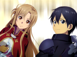Rule 34 | 1boy, 1girl, absurdres, artist request, asuna (sao), black cape, black dress, black eyes, black hair, breasts, brown eyes, brown hair, cape, dress, highres, holding, holding sword, holding weapon, kirito, long hair, looking at viewer, looking back, medium breasts, official art, rapier, red cape, red skirt, short hair, skirt, sword, sword art online, sword art online progressive, weapon