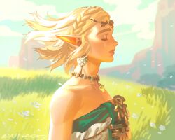 Rule 34 | 1girl, bare shoulders, blonde hair, braid, breasts, closed eyes, collarbone, crown braid, day, dress, drop earrings, earrings, eyelashes, falling petals, field, flower, gold, gold necklace, grass, green dress, green sky, jewelry, mountain, necklace, nintendo, niteo07, outdoors, parted lips, petals, pointy ears, princess zelda, profile, short hair, signature, single earring, sky, small breasts, solo, strapless, strapless dress, teardrop, the legend of zelda, the legend of zelda: tears of the kingdom, twitter username, upper body, white flower, wind