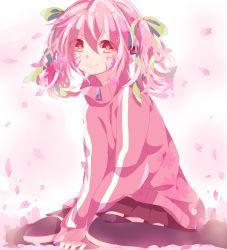 Rule 34 | 1girl, alternate color, alternate eye color, alternate hair color, bad id, bad pixiv id, black thighhighs, bow, ene (kagerou project), gradient background, hair bow, hair ornament, hair ribbon, headphones, jacket, kagerou project, looking at viewer, petals, pink eyes, pink hair, ribbon, simple background, sitting, skirt, smile, solo, thighhighs, twintails, yuuuuri