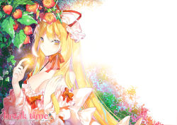 Rule 34 | 1girl, alternate costume, backlighting, bare shoulders, blonde hair, blush, breasts, cleavage, closed mouth, collarbone, detached sleeves, dress, flower, from side, hat, hat ribbon, large breasts, leaf, long hair, long sleeves, looking at viewer, looking to the side, mob cap, plant, red ribbon, ribbon, roh nam kyung, smile, solo, touhou, very long hair, white dress, wide sleeves, yakumo yukari, yellow eyes