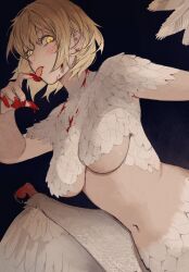 Rule 34 | 1girl, blonde hair, blood, blood on chest, blood on face, blood on hands, blue background, breasts, cowboy shot, dripping, dungeon meshi, falin touden, falin touden (chimera), feathered wings, feathers, from side, giganticbuddha, glowing, glowing eyes, highres, large breasts, licking, licking finger, licking own finger, looking at viewer, monster girl, navel, short hair, simple background, slit pupils, solo, tongue, tongue out, underboob, wings, yellow eyes