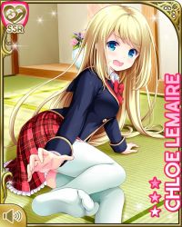 Rule 34 | 1girl, arm support, black jacket, blazer, blonde hair, blue eyes, character name, chloe lemaire, feet, flower, girlfriend (kari), indoors, jacket, leg up, long hair, lying, no shoes, official art, on side, open mouth, outstretched arm, plaid, plaid skirt, plant, potted plant, qp:flapper, red skirt, school uniform, shirt, skirt, soles, solo, tatami, thighhighs, white shirt, white thighhighs