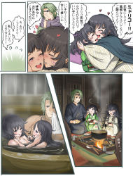 Rule 34 | 1boy, architecture, bad id, bad pixiv id, bath, bento, blush, child, coking, comic, cooking, east asian architecture, facial mark, fire, fire emblem, fire emblem fates, forehead mark, green hair, hug, japanese clothes, kaze (fire emblem), kimono, long hair, messy hair, midori (fire emblem), nintendo, nyx (fire emblem), pot, scarf, short hair, snow, spoilers, tears, translation request, very long hair, yyillust