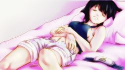 Rule 34 | 1girl, artist request, bed, breasts, hyuuga hinata, midriff, naruto, naruto (series), pillow, sideboob, sleeping, solo