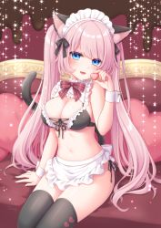 Rule 34 | 1girl, animal ears, apron, artist name, bikini, black bikini, black ribbon, black thighhighs, blue eyes, blush, bow, bowtie, breasts, cat ears, cat girl, cat tail, collar, commentary request, detached collar, frilled bikini, frilled collar, frills, heart, highres, holding, large breasts, long hair, looking at viewer, maid, maid bikini, maid headdress, navel, open mouth, original, pink hair, red bow, ribbon, side-tie bikini bottom, signature, sitting, smile, solo, sparkle background, stardrop, striped bow, striped bowtie, striped clothes, striped neckwear, swimsuit, tail, thighhighs, twintails, unconventional maid, very long hair, waist apron, wrist cuffs