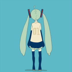 Rule 34 | 1girl, ahoge, aqua hair, back, blue background, blue footwear, blue skirt, boots, detached sleeves, female focus, flat color, from behind, full body, hatsune miku, long hair, shoes, simple background, skirt, solo, torla, twintails, very long hair, vocaloid