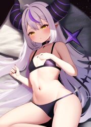 Rule 34 | 1girl, absurdres, braid, breasts, cleavage, create8, grey hair, highres, hololive, horns, la+ darknesss, long hair, looking at viewer, lying, multicolored hair, pointy ears, small breasts, solo, streaked hair, virtual youtuber, yellow eyes