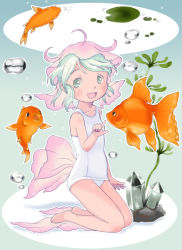 Rule 34 | 1girl, ahoge, aqua background, aqua eyes, aqua hair, barefoot, blush, bubble, crystal, fins, fish, fish tail, from below, from side, full body, goldfish, gradient background, hatomugi (mamotan), head fins, highres, kneeling, legs together, lily pad, one-piece swimsuit, original, outline, plant, school swimsuit, shochuumimai, short hair, solo, swept bangs, swimsuit, tail, white one-piece swimsuit