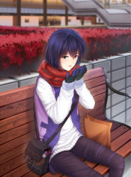 Rule 34 | 1girl, bag, black gloves, black pants, blue eyes, blue hair, blurry, blurry background, day, gloves, gt-apex, hair between eyes, handbag, hands up, highres, jacket, looking at viewer, on bench, open mouth, original, outdoors, pants, paper bag, red scarf, scarf, scenery, short hair, sitting, upper body