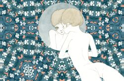 Rule 34 | ass, back, breasts, brown eyes, brown hair, colored skin, completely nude, facing away, flat ass, floral background, flower, kishi takuya, lying, nude, on stomach, original, painting (medium), patterned background, reflection, short hair, skinny, small breasts, traditional media, very short hair, watercolor (medium), white skin