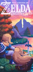 Rule 34 | 1boy, 1girl, absurdres, artist name, blonde hair, braid, champion&#039;s tunic (zelda), copyright name, crescent moon, english text, falling leaves, flower, french braid, from behind, gradient sky, grass, highres, hylian shield, itzah, leaf, link, logo, long hair, master sword, moon, mountain, nintendo, outdoors, pixel art, planted, planted sword, planted weapon, pointy ears, princess zelda, shield, shield on back, short hair, sitting, sky, sunset, sword, the legend of zelda, the legend of zelda: breath of the wild, tree, triforce, triforce print, weapon, white flower, wind