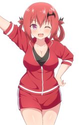 Rule 34 | 1girl, blush, breasts, cleavage, fang, gabriel dropout, hand on own hip, highres, large breasts, long hair, looking at viewer, medium breasts, nyaroon, one eye closed, open mouth, purple eyes, red hair, satanichia kurumizawa mcdowell, shorts, simple background, smile, solo, standing, thighs, white background