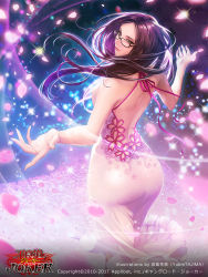 Rule 34 | 1girl, ass, back, bare back, brown eyes, brown hair, cherry blossoms, dress, flower, furyou michi ~gang road~, glasses, gown, highres, long dress, long hair, looking back, official art, pink dress, smile, solo, sparkle, tajima yukie, wind