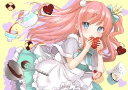 Rule 34 | 1girl, absurdres, apron, blue eyes, blush, bow, bowl, box, boxcutter, candy, capelet, checkerboard cookie, chocolate, chocolate heart, cookie, crown, cup, cupcake, dress, food, frilled dress, frills, fur-trimmed capelet, fur trim, hair bow, hair ornament, heart, heart-shaped box, highres, holding, holding boxcutter, long hair, looking at viewer, mini crown, original, paper, pink hair, pom pom (clothes), pom pom hair ornament, pouring, recipe (object), ribbon, smile, solo, tea, teacup, teapot, two side up, valentine, waist apron, whisk, yaminabe (szhal14)