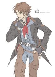 Rule 34 | 1boy, alternate costume, belt, black gloves, black jacket, brown eyes, brown hair, chaps, character name, ecc ps, fingerless gloves, gloves, hanamura yousuke, headphones, headphones around neck, highres, jacket, jewelry, kunai, long sleeves, male focus, open clothes, open jacket, pants, persona, persona 4, ring, simple background, solo, weapon, white background