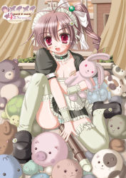 Rule 34 | 1girl, :d, bandaid, bandaids on nipples, black footwear, blush, blush stickers, brown hair, collar, daisy, doll, flower, flute, frilled collar, frilled thighhighs, frills, hair flower, hair ornament, hair ribbon, hairclip, instrument, knee up, maid, maid headdress, open mouth, panties, pantyshot, pasties, pink eyes, puffy short sleeves, puffy sleeves, recorder, ribbon, shoes, short sleeves, side ponytail, sitting, smile, solo, striped clothes, striped panties, stuffed animal, stuffed cat, stuffed rabbit, stuffed toy, teddy bear, thighhighs, underwear, wrist cuffs