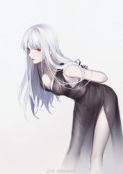 Rule 34 | 1girl, arms behind back, bent over, black dress, breasts, cleavage, copyright request, dress, gradient background, highres, long dress, long hair, medium breasts, red eyes, see-through silhouette, shi er xian, side slit, sidelocks, simple background, solo, weibo watermark, white hair