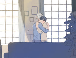 Rule 34 | 2boys, bad id, bad pixiv id, beige shirt, black hair, blue pants, blue shirt, blush, closed eyes, closed mouth, coffee table, couch, covered mouth, curtains, desk lamp, empty picture frame, evening, grey hair, hand on another&#039;s neck, hand on another&#039;s shoulder, happy, head on another&#039;s shoulder, head rest, hug, ima (minitomato123), indoors, katsuki yuuri, lamp, leaf, light particles, light smile, living room, long sleeves, male focus, multiple boys, pants, picture frame, plant, potted plant, profile, shirt, sunlight, table, viktor nikiforov, wide shot, window, yaoi, yuri!!! on ice
