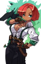 Rule 34 | 1girl, 1other, absurdres, asymmetrical bangs, belt, black pants, breasts, brown gloves, cleavage, commentary, cross, dark-skinned female, dark skin, english commentary, giovanna (guilty gear), gloves, green eyes, green fur, guilty gear, guilty gear strive, hand on own hip, high-waist pants, highres, large breasts, multiple belts, pants, partially unbuttoned, police badge, raised eyebrow, red hair, rei (guilty gear), sleeves pushed up, snout, solo focus, suspenders, wolf, zanamaoria